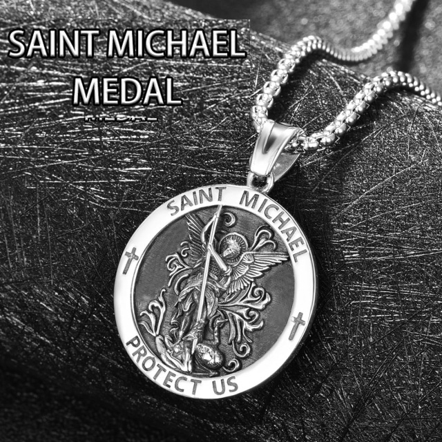 Sterling Silver Saint Michael Pendant Necklace with Engraved Word for Men-4