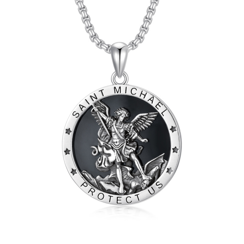 Sterling Silver Saint Michael Pendant Necklace with Engraved Word for Men-20