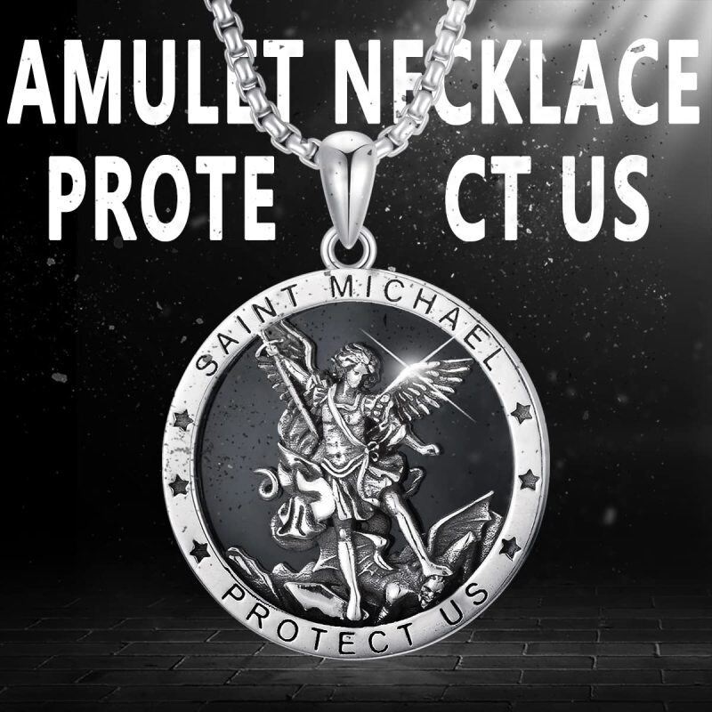 Colar de prata esterlina com pingente de São Miguel e palavra gravada para homem-5