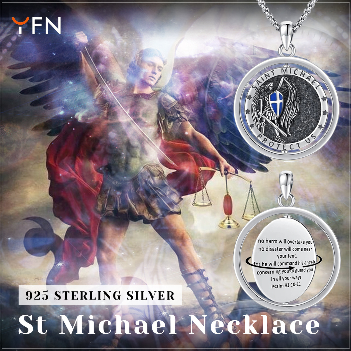 Collana da uomo con pendente di San Michele in argento sterling con parola incisa-7