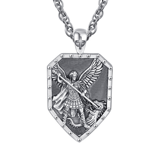 Sterling Silver Saint Michael Pendant Necklace with Engraved Word for Men