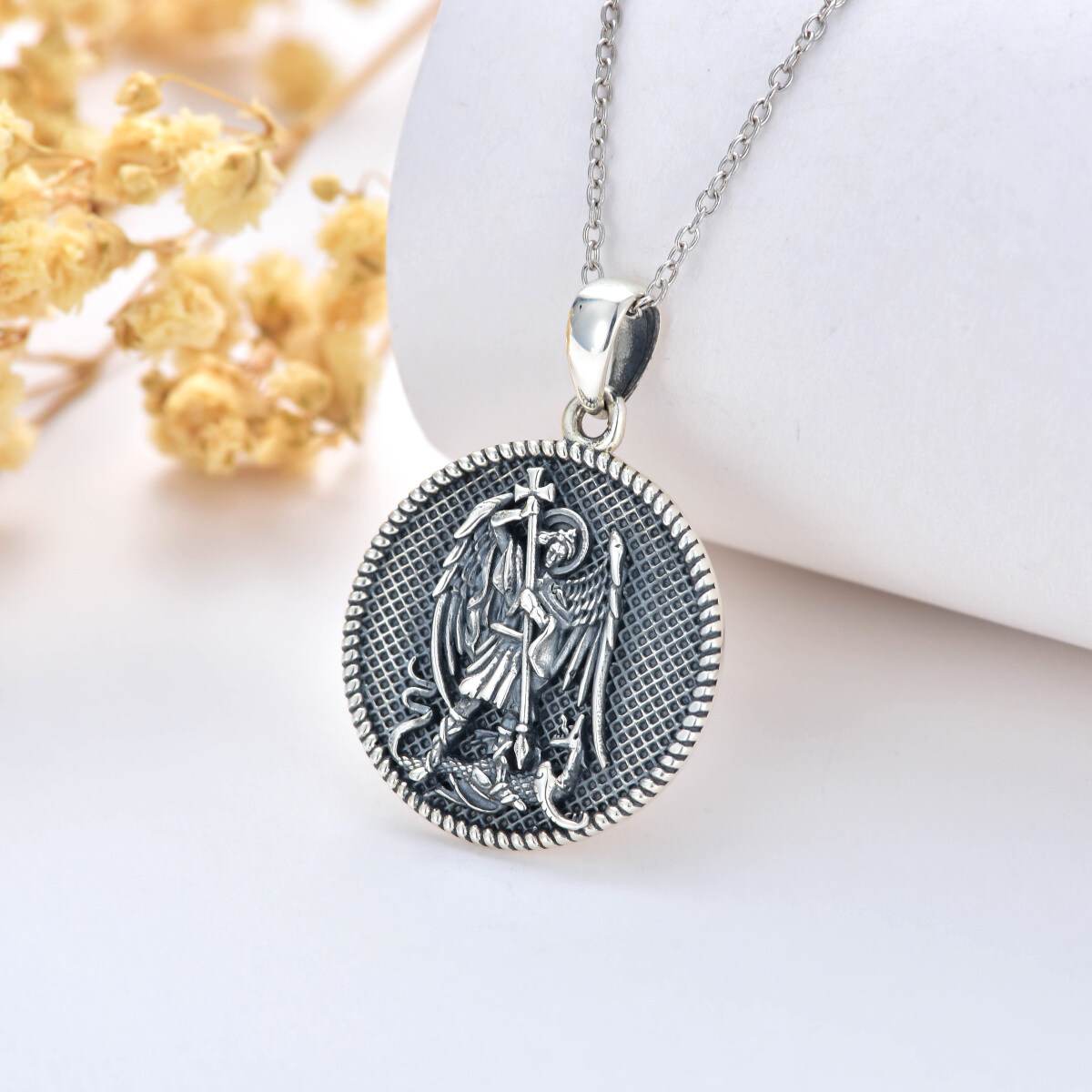 Sterling Silver Saint Michael Pendant Necklace for Men-4