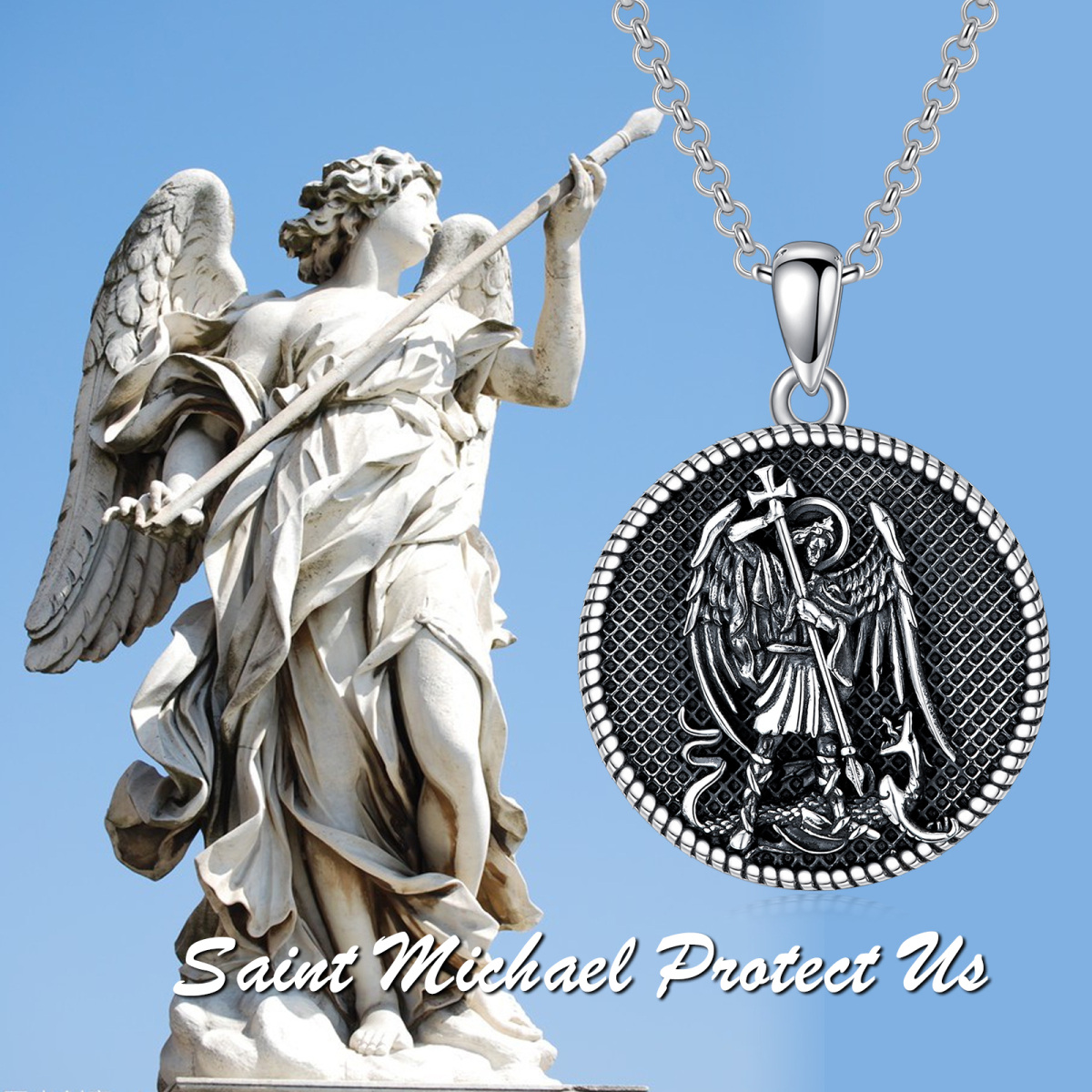 Collana da uomo con ciondolo San Michele in argento sterling-6