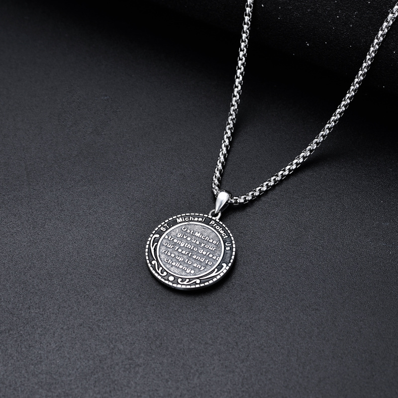 Collar colgante de plata de ley San Miguel con palabra grabada para hombre-3
