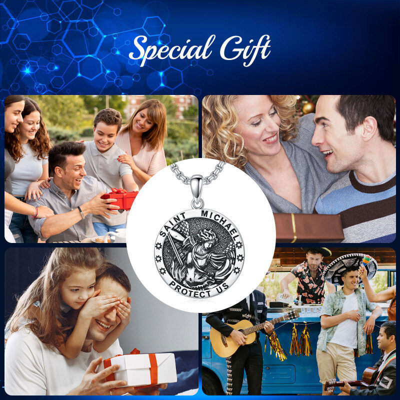 Collar colgante de plata de ley San Miguel con palabra grabada para hombre-5