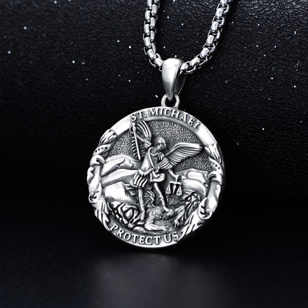 Collier pendentif Saint Michel en argent sterling avec mot gravé pour homme-5