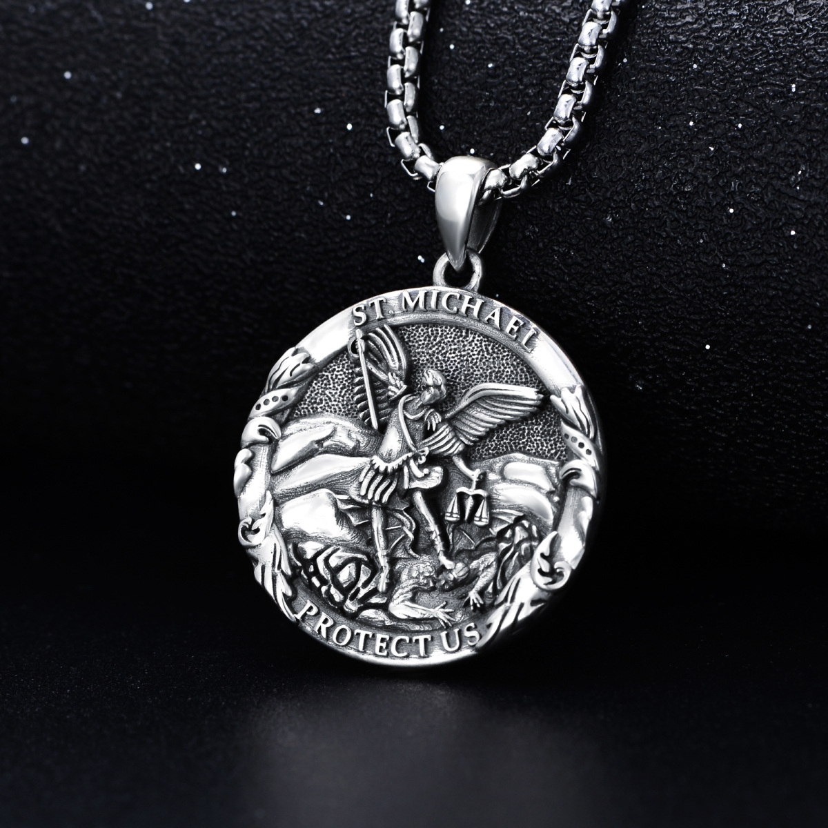 Sterling Silver Saint Michael Pendant Necklace with Engraved Word for Men-5