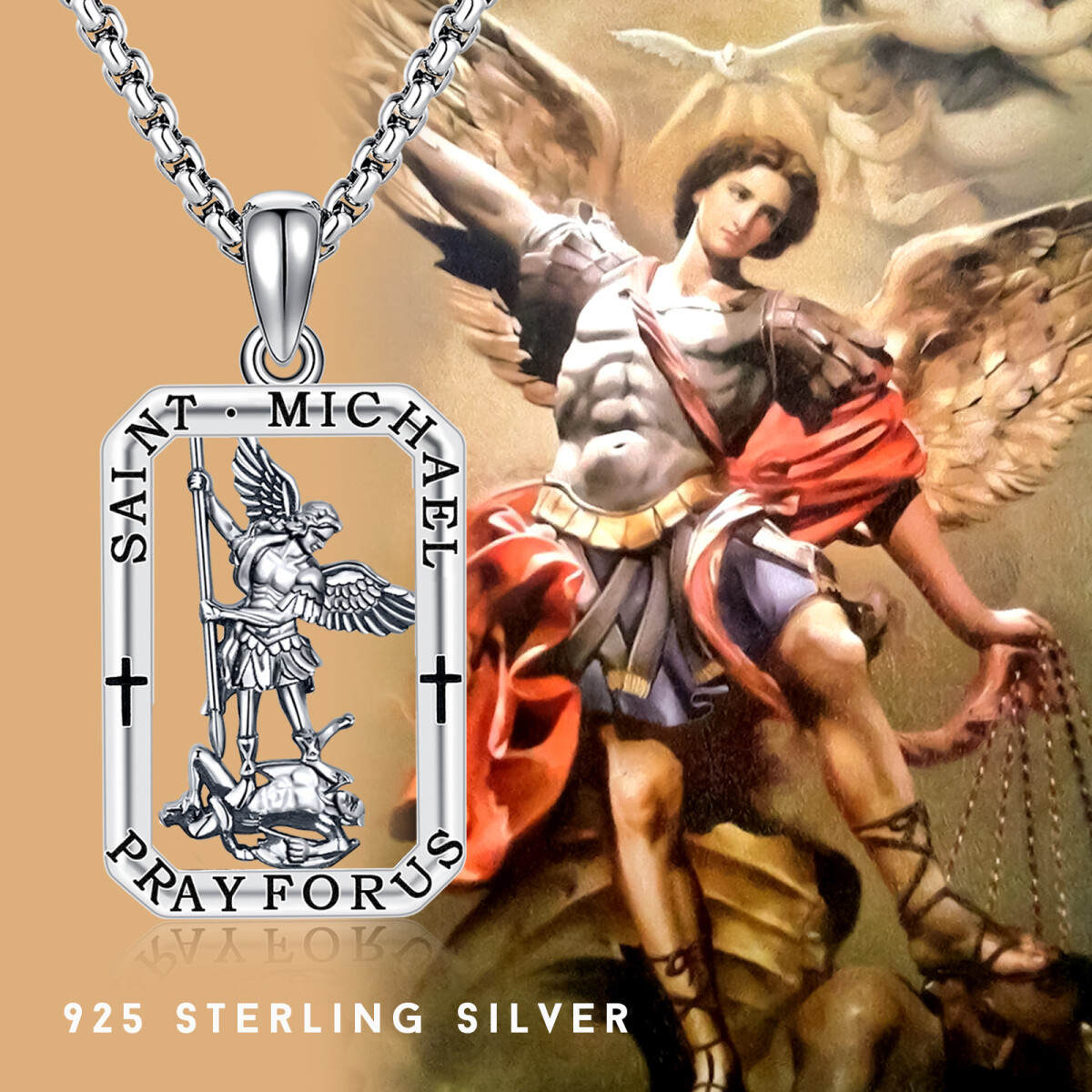 Sterling Silver Saint Michael Pendant Necklace with Engraved Word-4