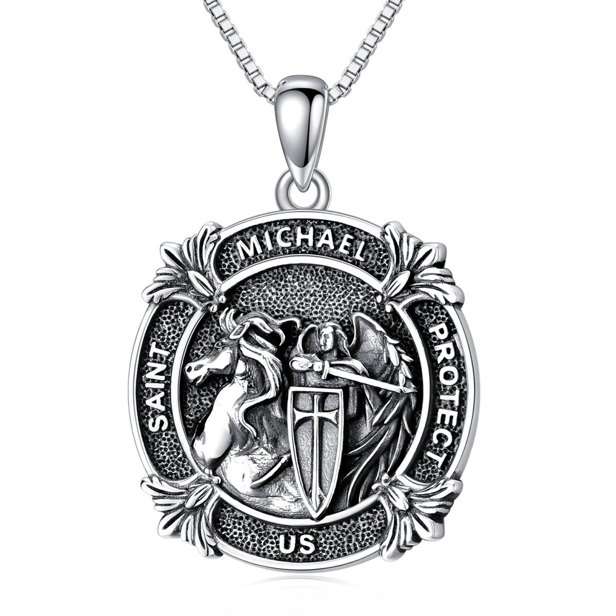 Sterling Silver Saint Michael Pendant Necklace with Engraved Word-1