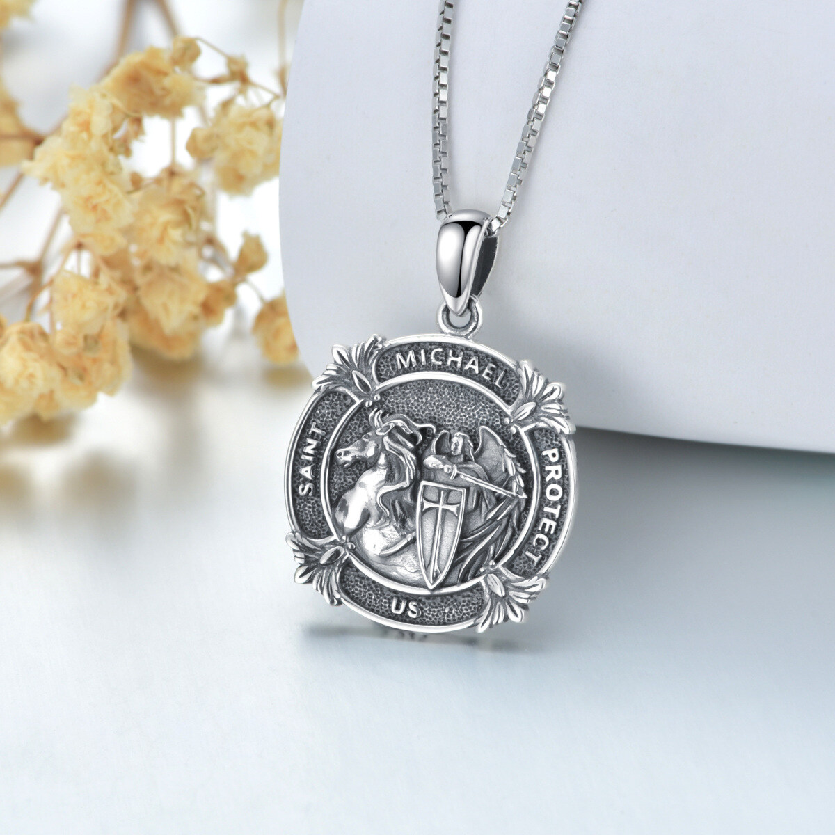 Sterling Silver Saint Michael Pendant Necklace with Engraved Word-3