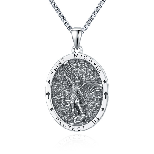 Sterling Silver Saint Michael Pendant Necklace with Engraved Word