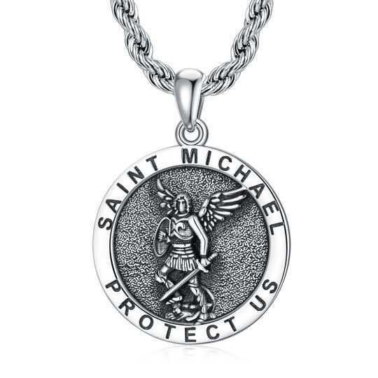 Sterling Silver Saint Michael Pendant Necklace with Rope Chain for Men