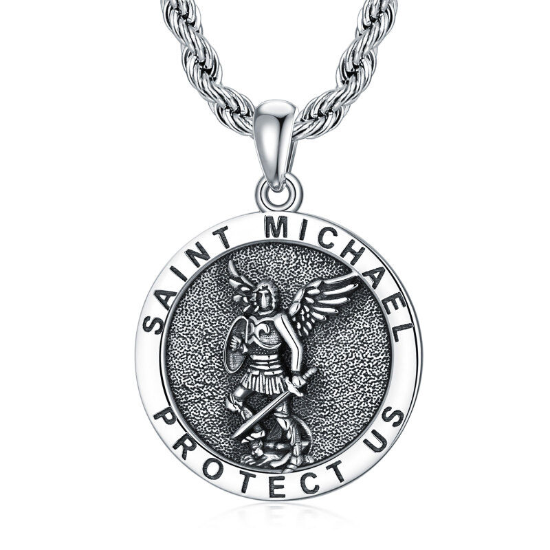 Sterling Silver Saint Michael Pendant Necklace with Rope Chain for Men-5