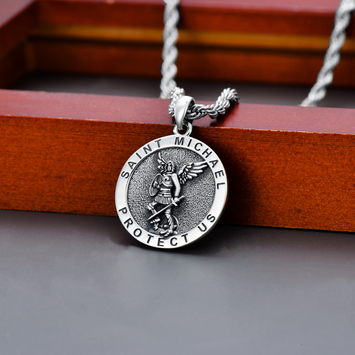 Sterling Silver Saint Michael Pendant Necklace with Rope Chain for Men-3