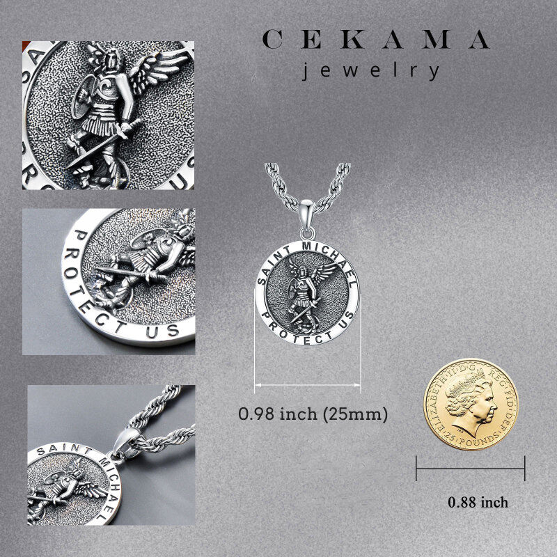 Sterling Silver Saint Michael Pendant Necklace with Rope Chain for Men-5