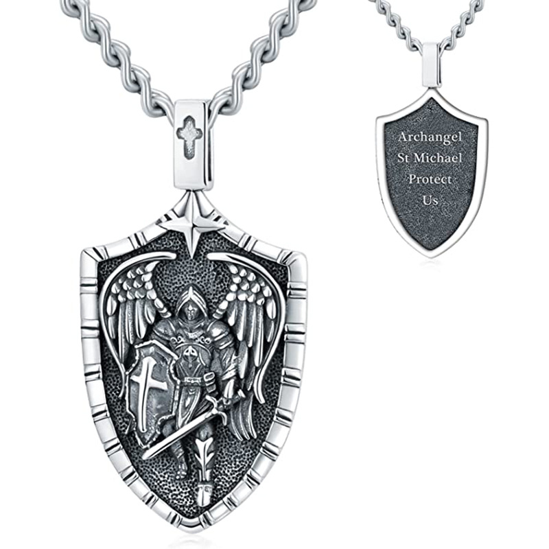 Collier de bouclier avec pendentif Saint Michel en argent sterling avec mot gravé pour hommes-1