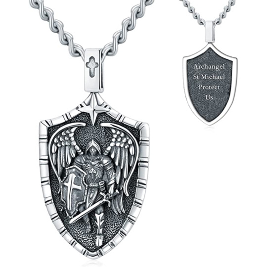 Collier de bouclier avec pendentif Saint Michel en argent sterling avec mot gravé pour hommes