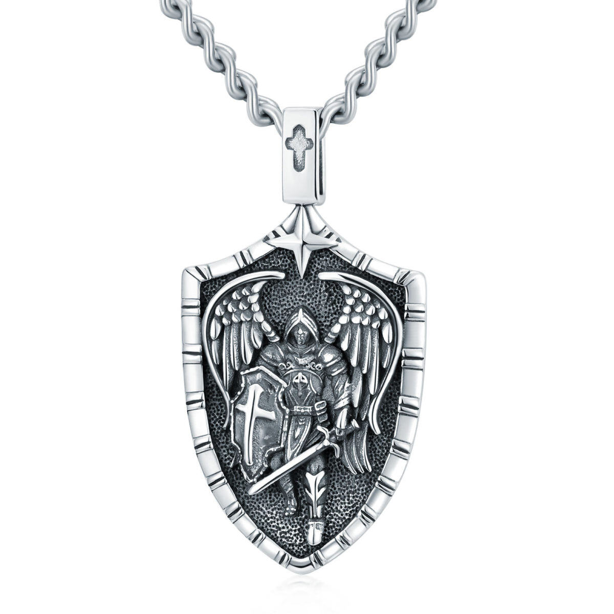 Collier de bouclier avec pendentif Saint Michel en argent sterling avec mot gravé pour hommes-3