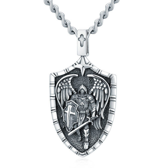 Sterling Silver Saint Michael Pendant Shield Necklace with Engraved Word for Men-3