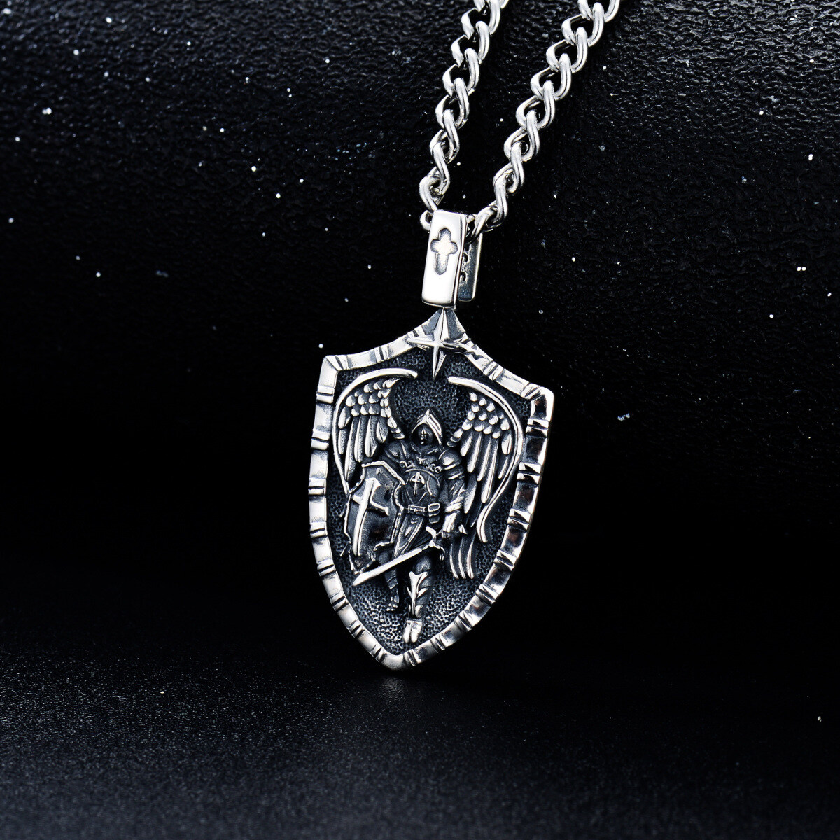 Collier de bouclier avec pendentif Saint Michel en argent sterling avec mot gravé pour hommes-4