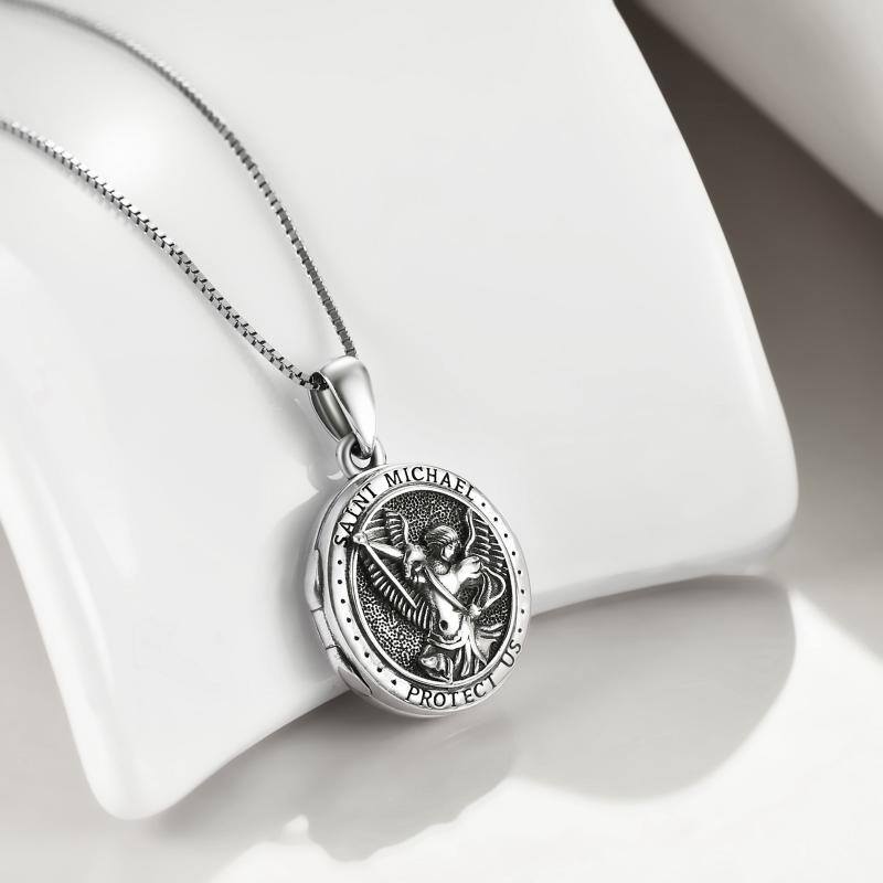 Sterling Silver Saint Michael Personalized Photo Locket Necklace-4