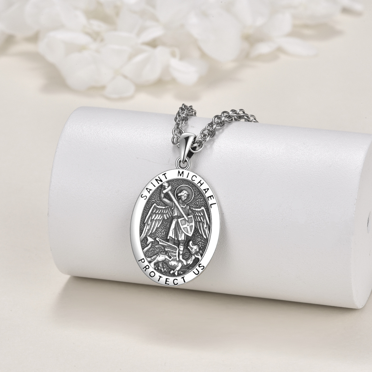 Sterling Silver Saint Michael Protect Us Pendant Necklace for Men-3