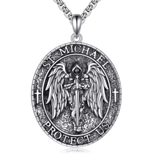 Sterling Silver Saint Michael Religious Pendant Necklace with Engraved Word for Men-23