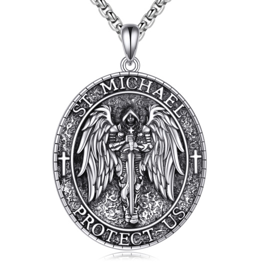 Sterling Silver Saint Michael Religious Pendant Necklace with Engraved Word for Men