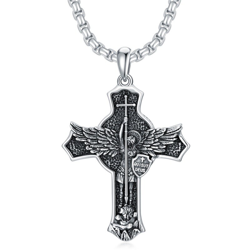 Sterling Silver Saint Michael & Shield Pendant Necklace for Men-4