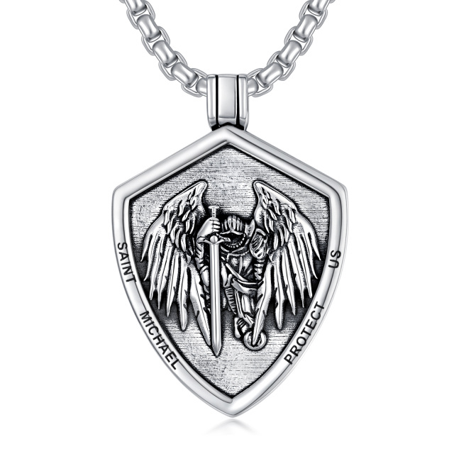 Sterling Silver Saint Michael & Shield Pendant Necklace with Engraved Word for Men-1