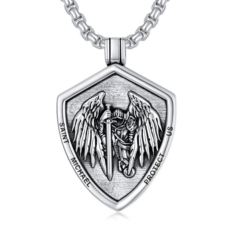 Collar colgante de plata de ley San Miguel y Escudo con palabra grabada para hombre