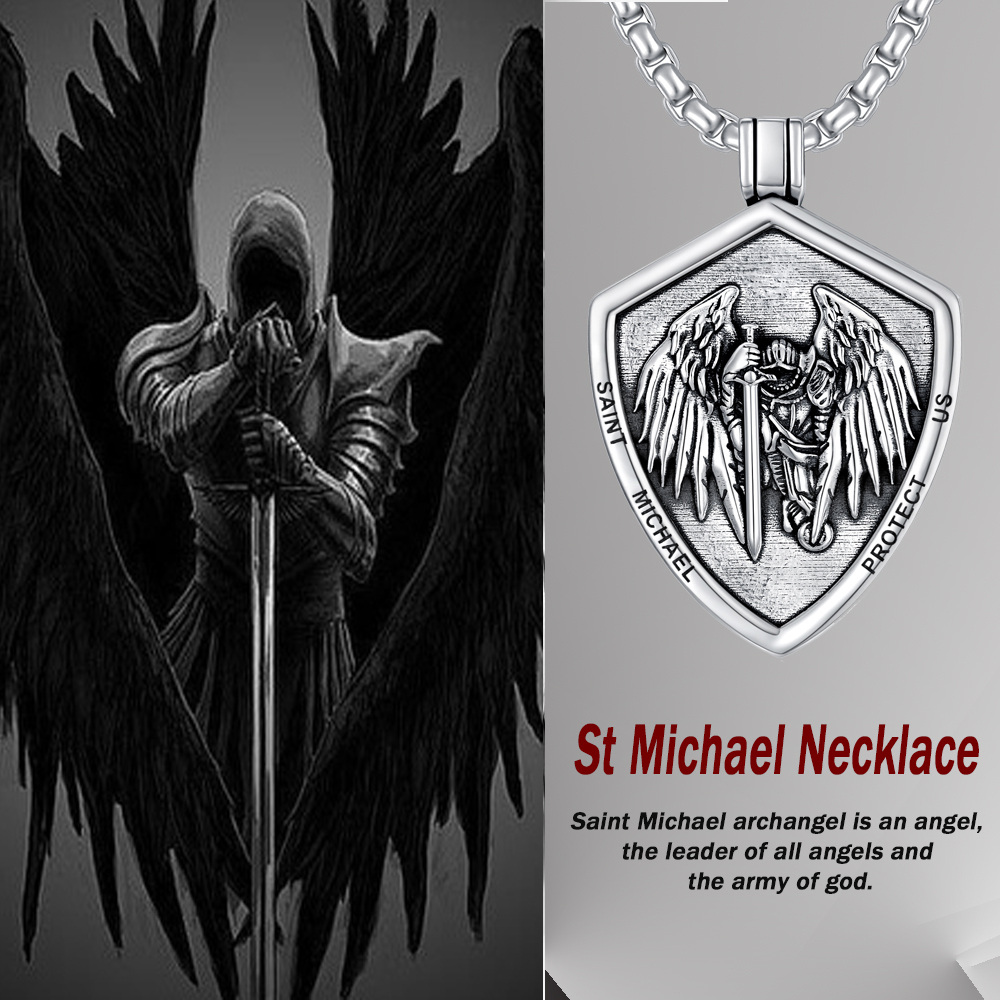 Sterling Silver Saint Michael & Shield Pendant Necklace with Engraved Word for Men-7