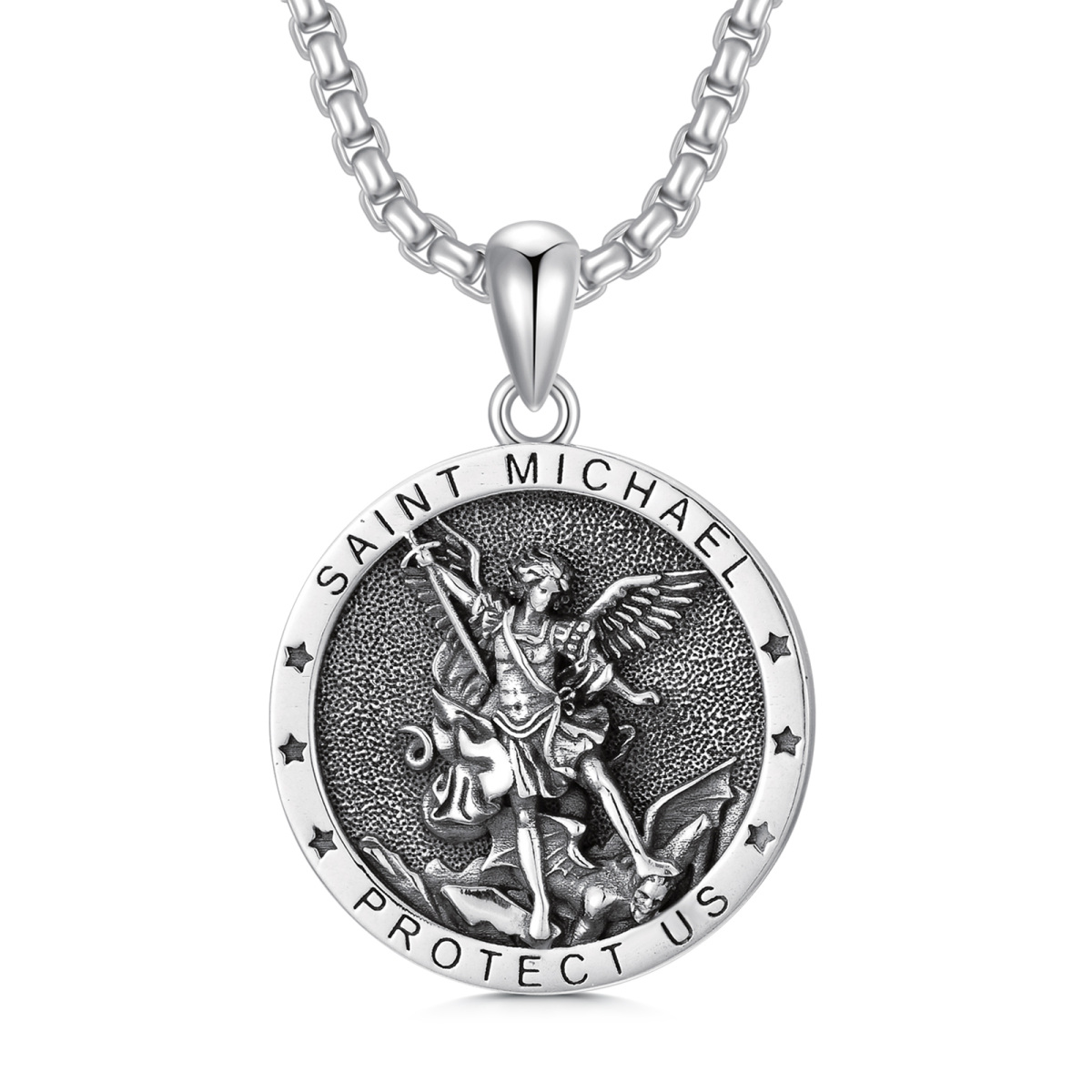 Collar colgante de plata de ley San Miguel y estrella con palabra grabada para hombre-1