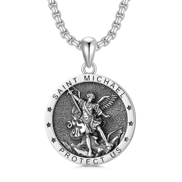 Sterling Silver Saint Michael & Star Pendant Necklace with Engraved Word for Men-1