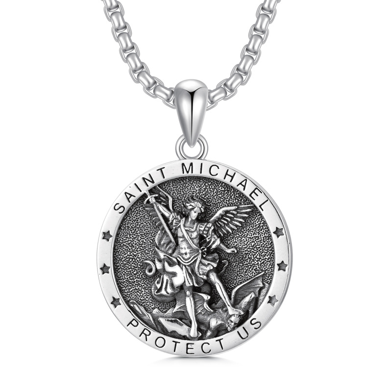 Sterling Silver Saint Michael Pendant Necklace With Engraved Word For Men-23