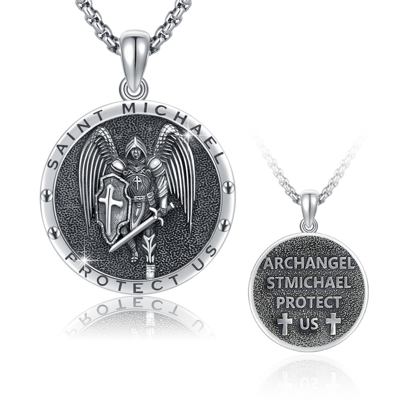 Sterling Silver Saint Michael Vintage Coin Pendant Necklace with Engraved Words for Men