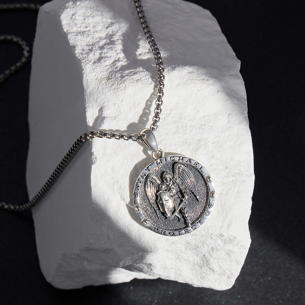 Sterling Silver Saint Michael Vintage Coin Pendant Necklace with Engraved Words for Men-4