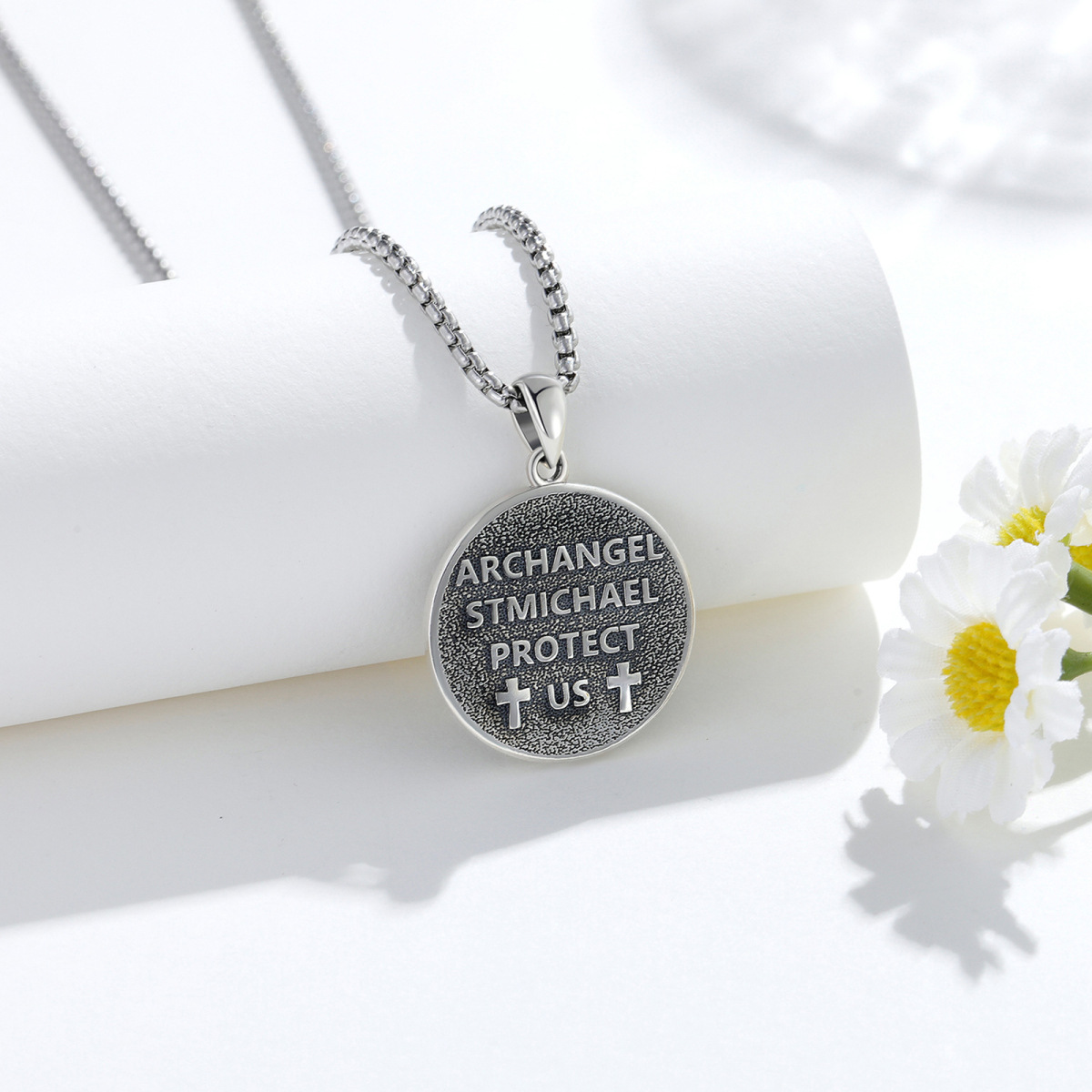 Sterling Silver Saint Michael Vintage Coin Pendant Necklace with Engraved Words for Men-5