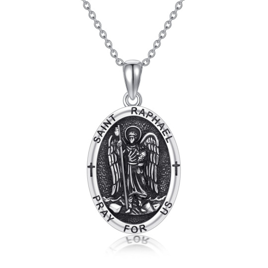 Sterling Silver Saint Raphael Pendant Necklace with Engraved Word