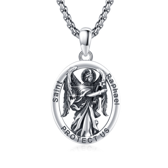 Collana con ciondolo in argento Sterling Saint Raphael Protect Us con parola incisa