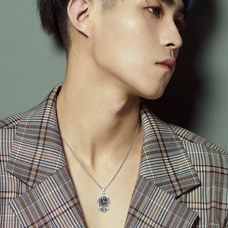 Sterling Silver Saint Raphael Protect Us Pendant Necklace with Engraved Word-3