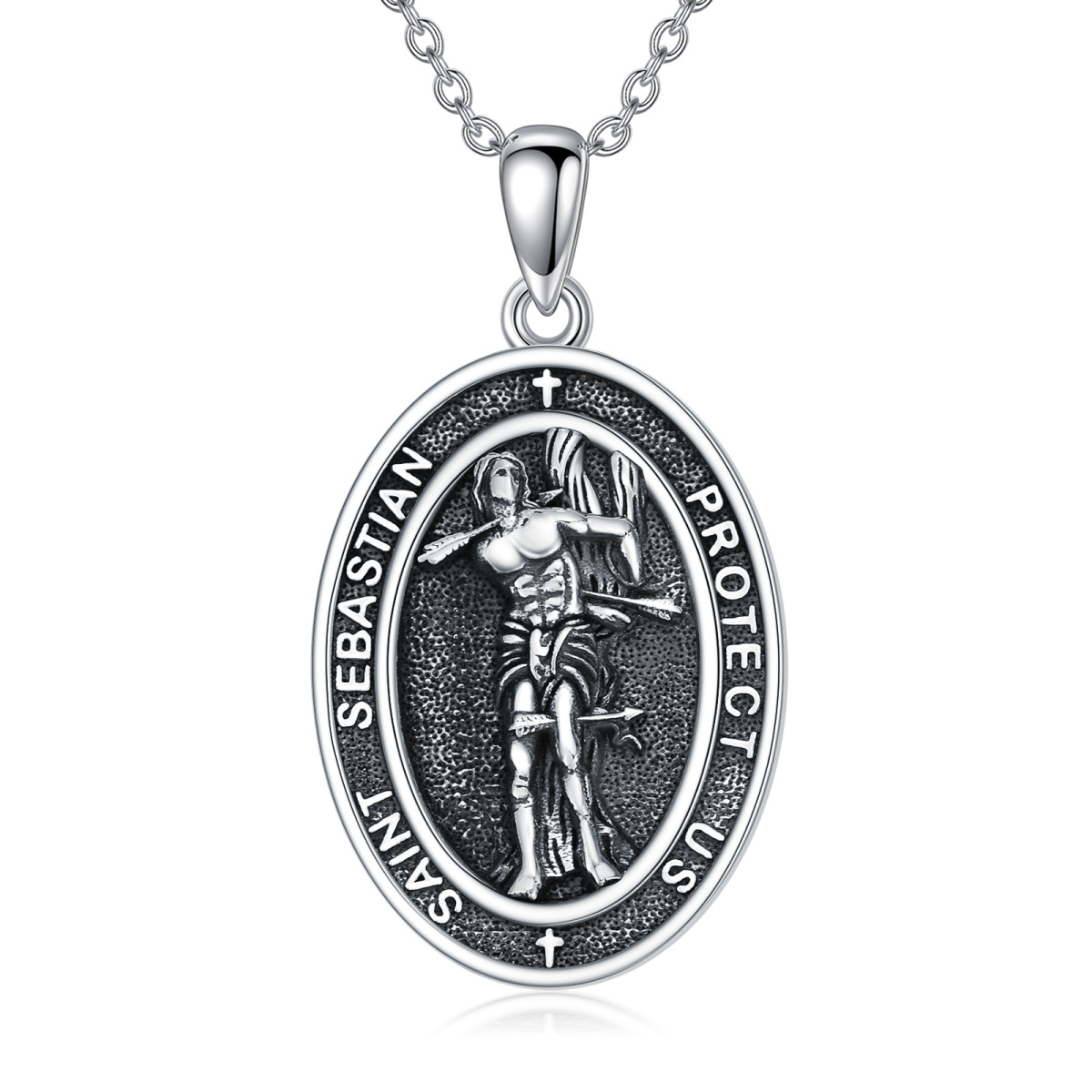 Collar de plata de ley con colgante de San Sebastián y palabra grabada para hombre-1