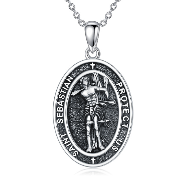 Sterling Silver San Sebastian Pendant Necklace with Engraved Word for Men-2