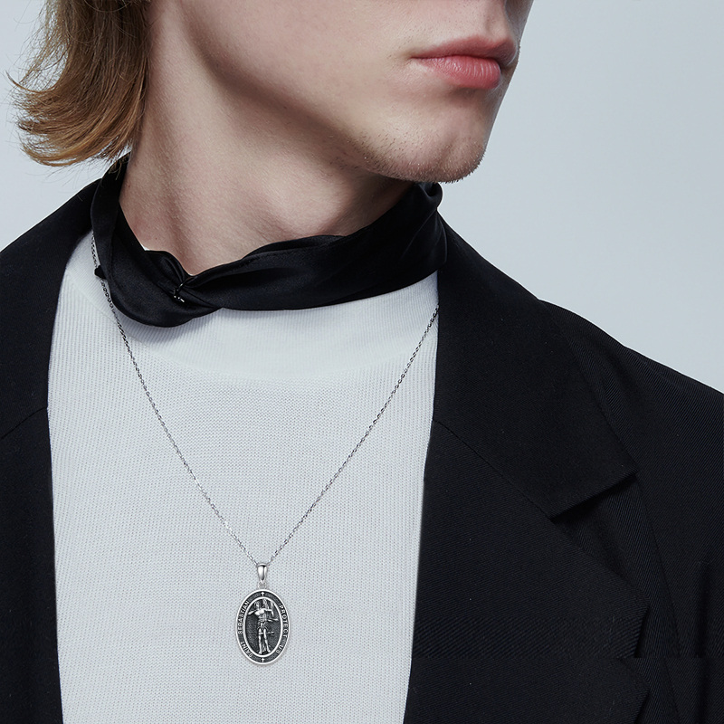 Collier pendentif Saint-Sébastien en argent sterling avec mot gravé pour hommes-2