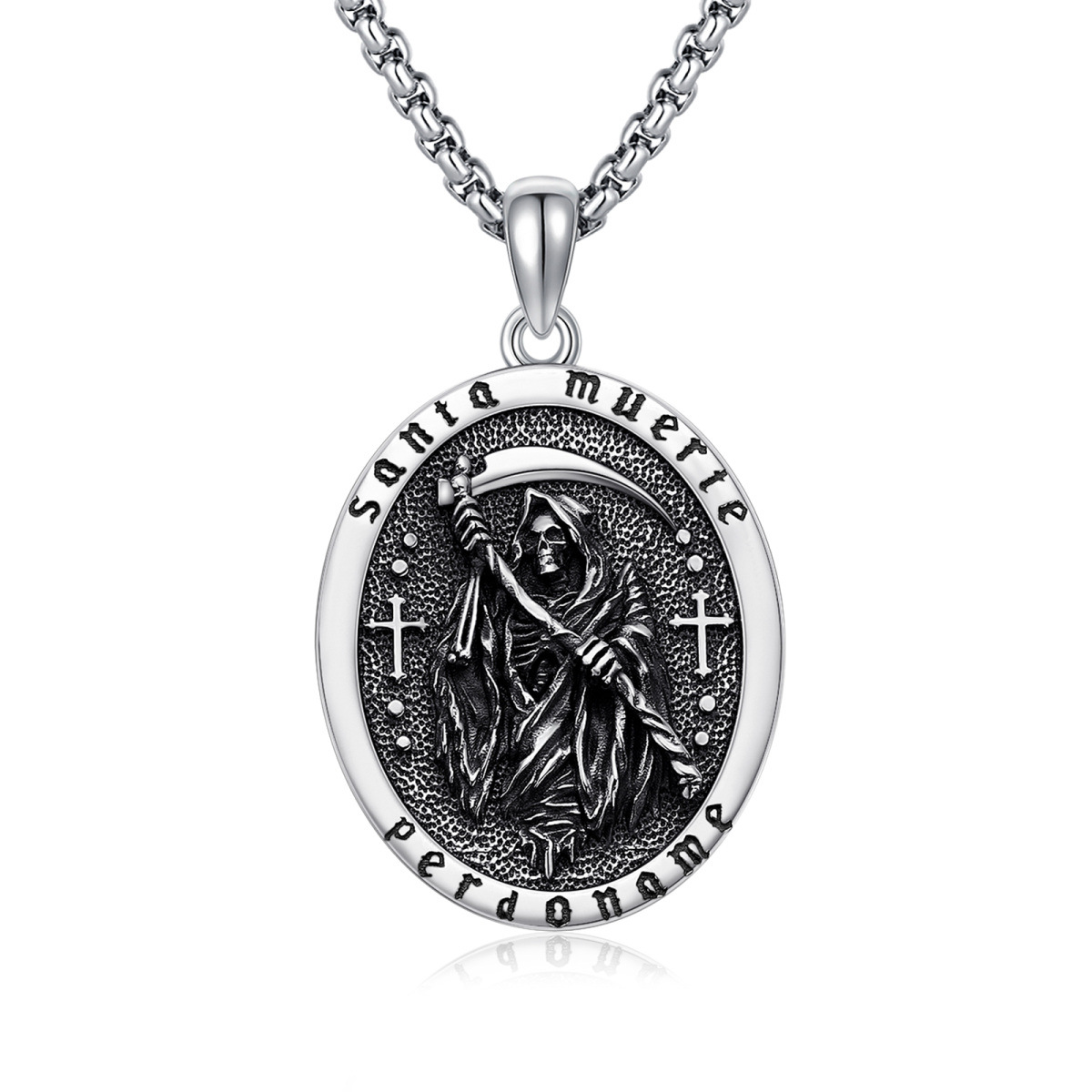 Sterling Silver Santa Muerte Perdoname Cross Pendant Necklace for Men-1