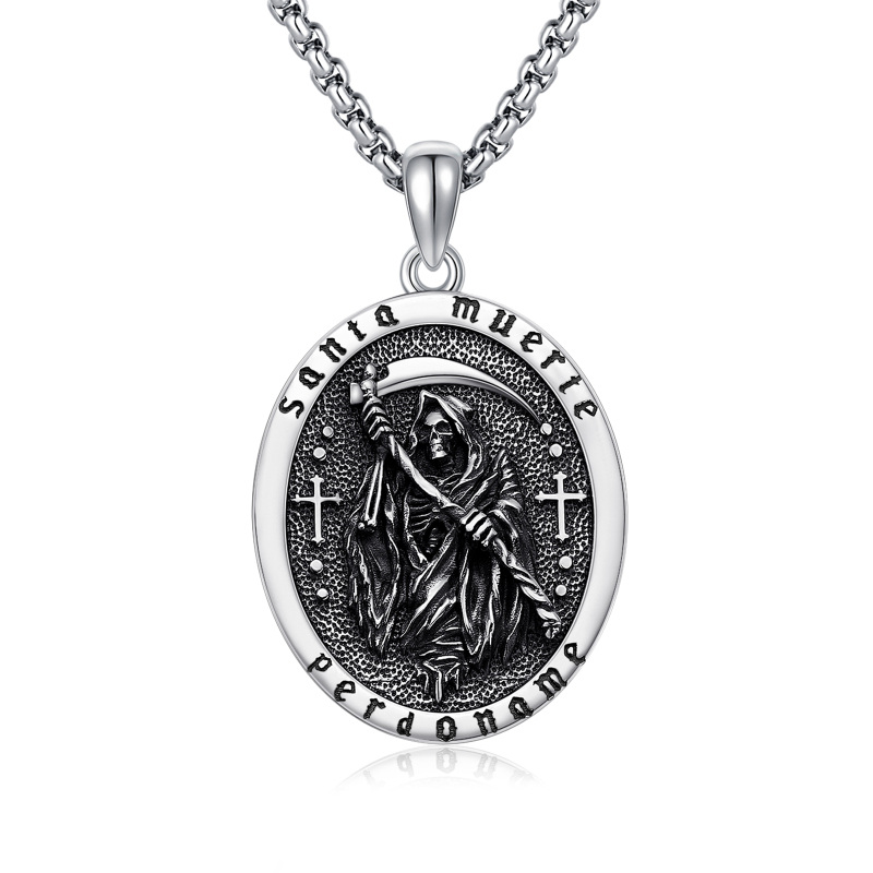 Sterling Silver Santa Muerte Perdoname Cross Pendant Necklace for Men