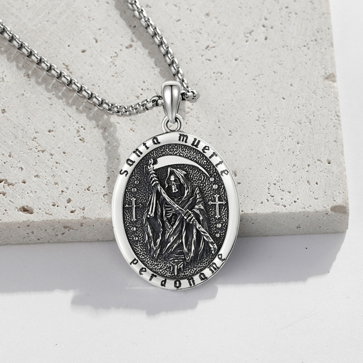 Sterling Silber Santa Muerte Perdoname Kreuz Anhänger Halskette für Männer-4