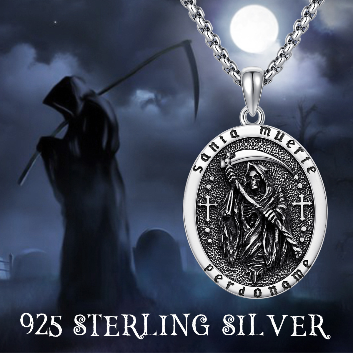 Collana con ciondolo a croce Santa Muerte Perdoname in argento sterling per uomo-7