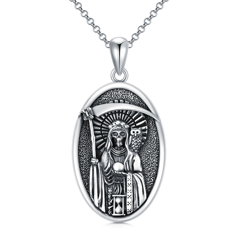 Sterling zilveren Santa Muerte Perdoname & Uil hanger ketting voor mannen-1