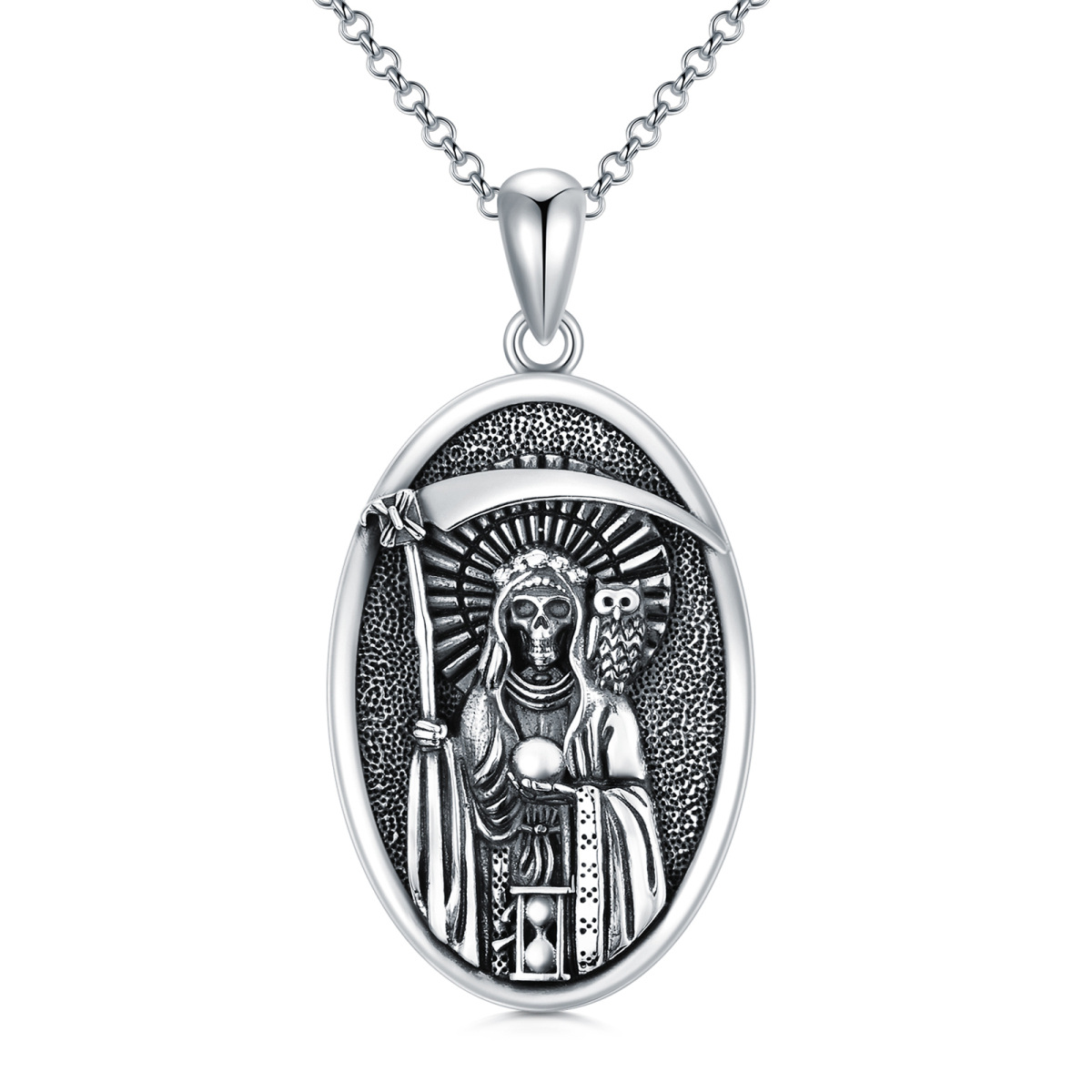 Collar de plata de ley Santa Muerte Perdoname & Búho para hombre-1